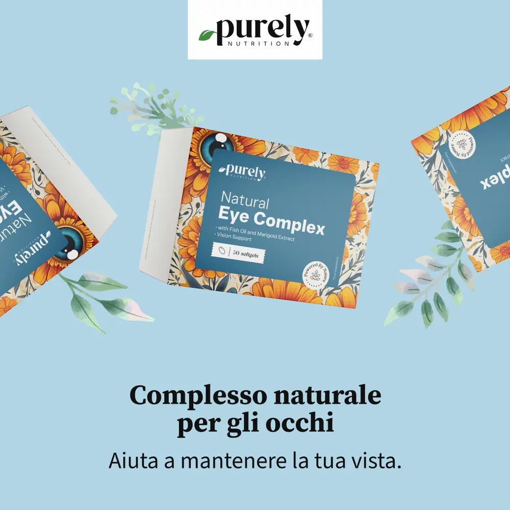 Tre confezioni di Purely Natural Eye Complex. Nome del prodotto e testo visibili sulla confezione. Sfondo blu con foglie.