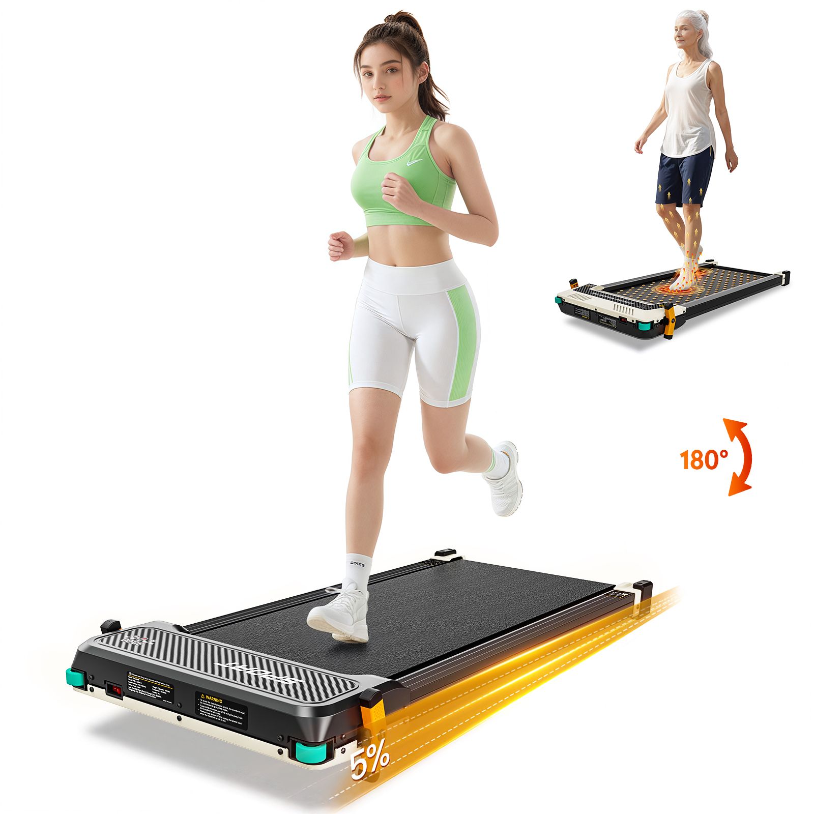 Tapis roulant piatto nero con persona che corre sopra. Secondo tapis roulant sullo sfondo con persona in piedi. Dettagli verdi e neri.