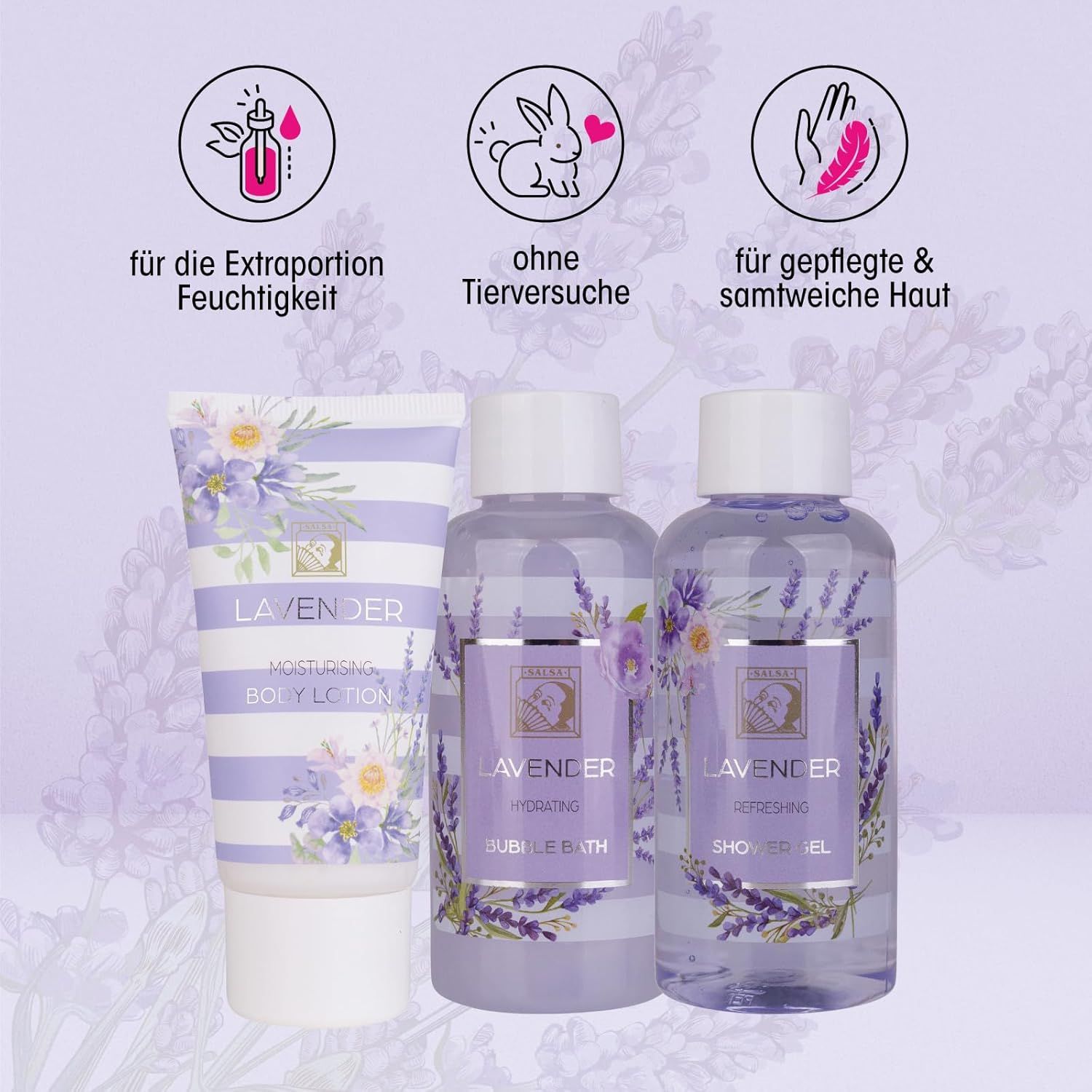Tre prodotti: lozione per il corpo, gel doccia e bagno schiuma. Scritta: Lavanda. Simboli: idratazione, cruelty-free, pelle morbida.