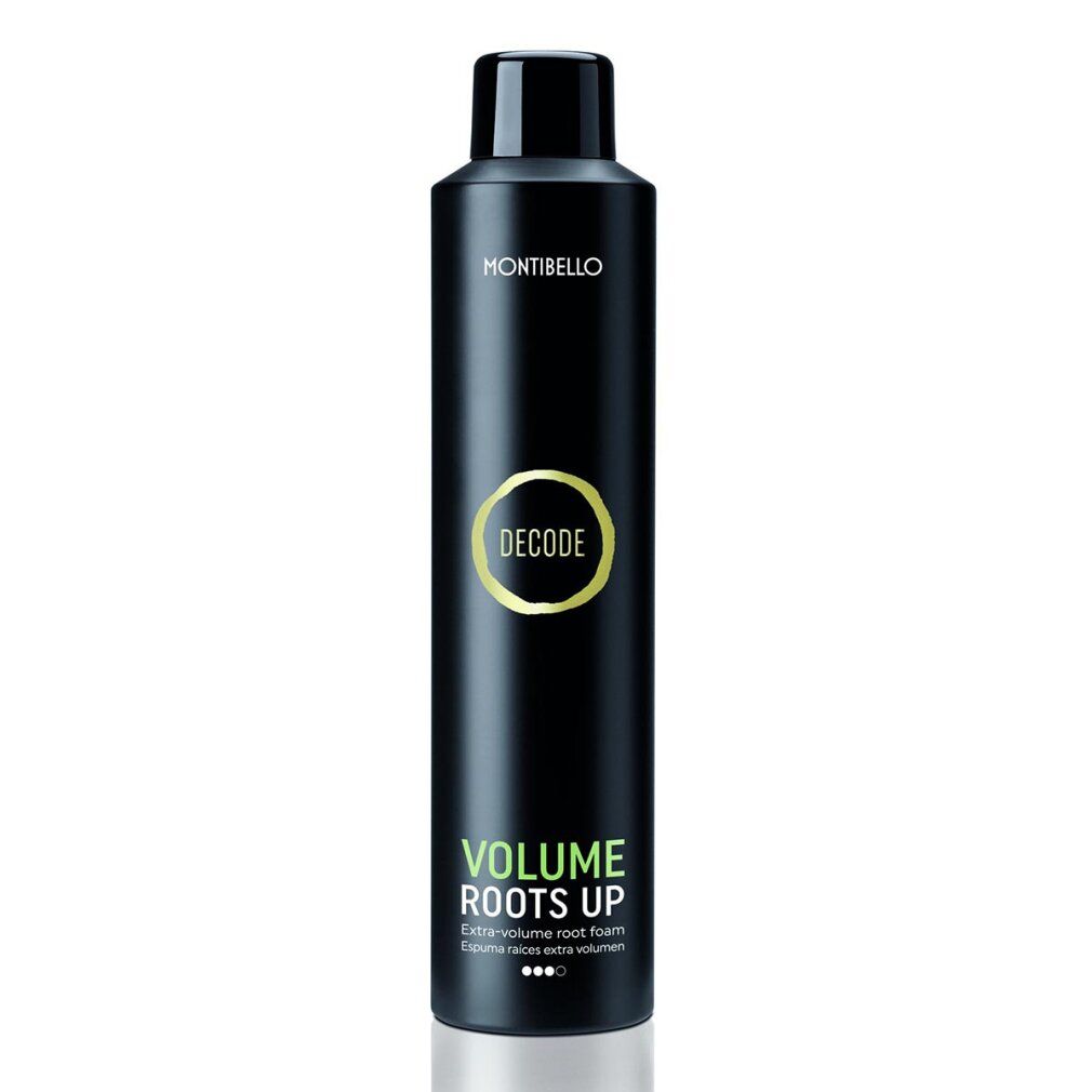 Flacone spray nero con scritte MONTIBELLO, DECODE, VOLUME ROOTS UP. Dettagli dorati. Mousse radici extra volume.
