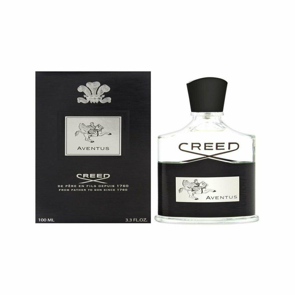 Confezione nera e flacone di profumo. Sulla confezione: Creed, 100 ml, 3.3 FL.OZ. Sul flacone: Creed, Aventus.