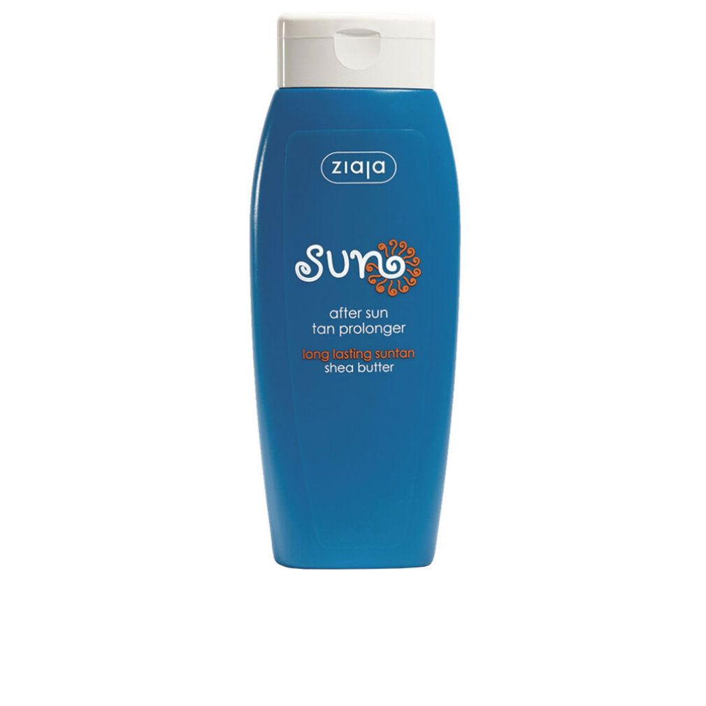 Flacone blu con tappo bianco. Scritta: Ziaja Sun, After Sun, Prolongatore abbronzatura, Burro di karité.