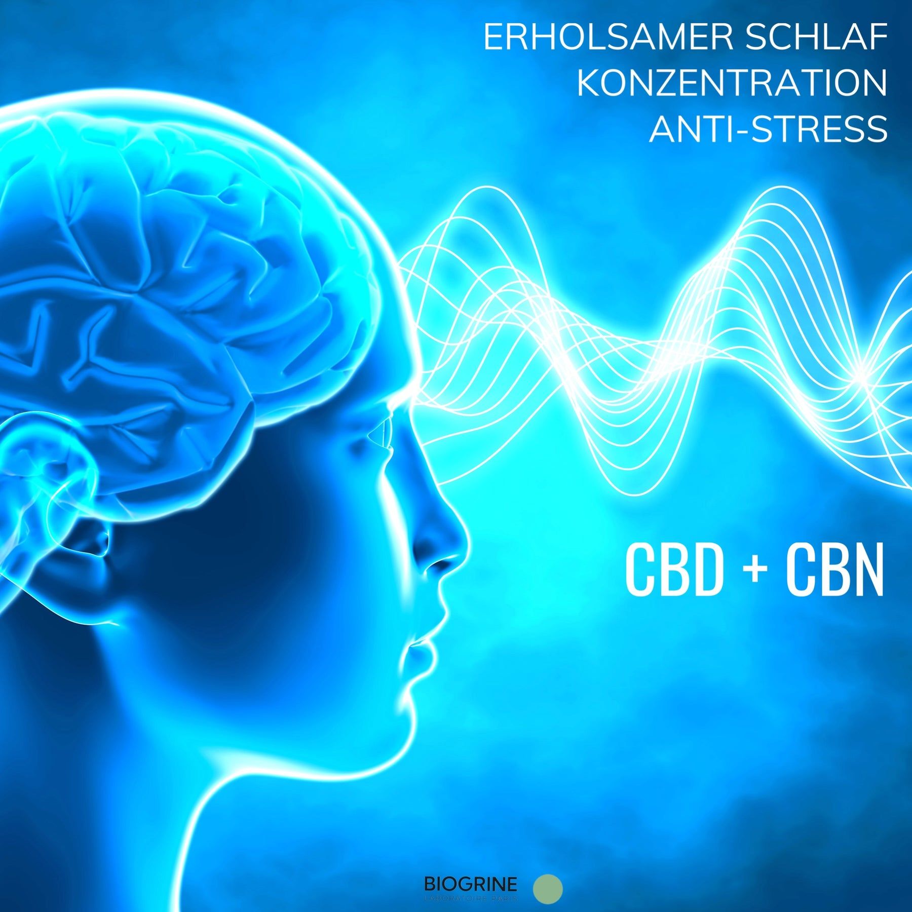 Immagine blu con profilo umano e onde. Testo: CBD + CBN, sonno ristoratore, concentrazione, antistress.