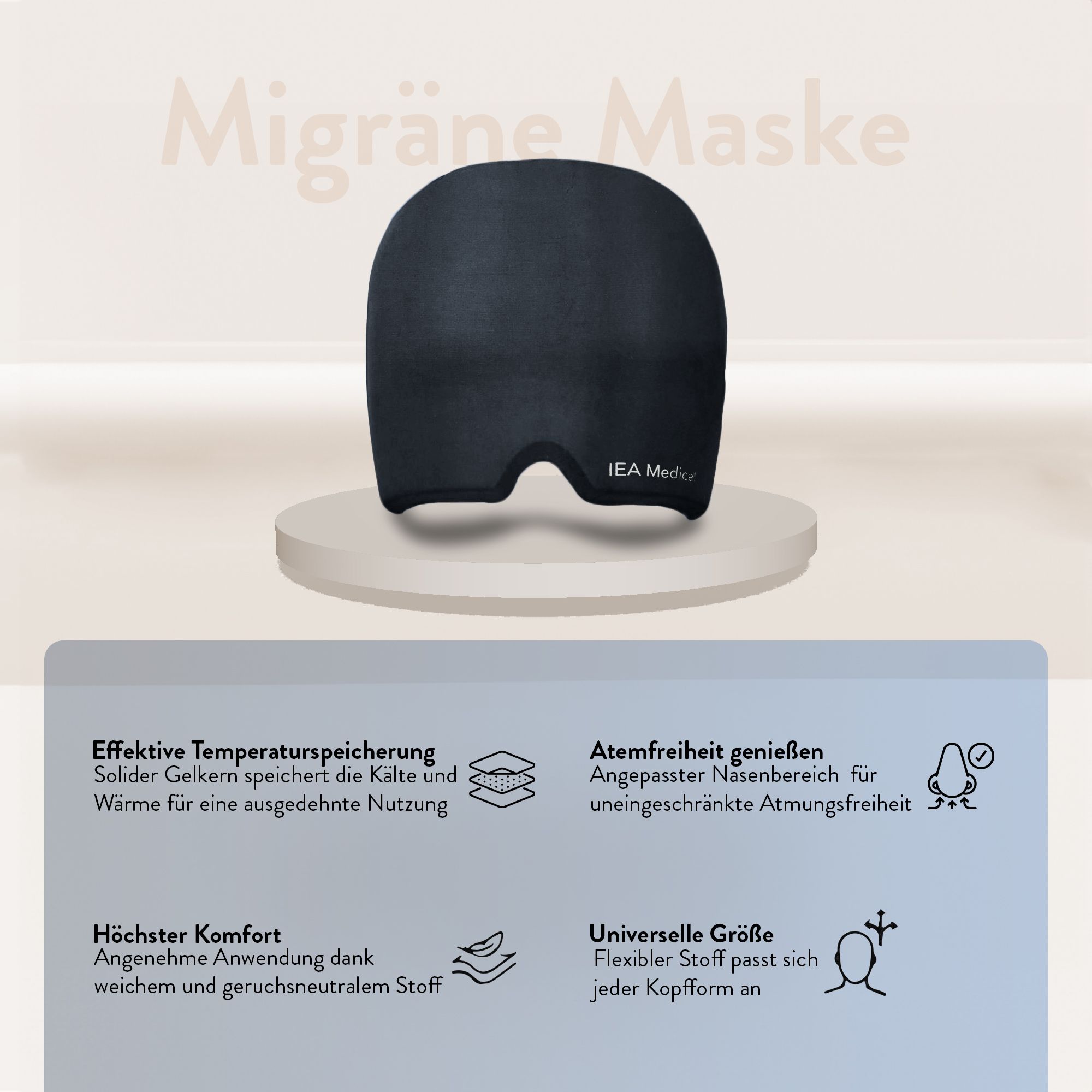 Maschera per emicrania nera su piedistallo. Testo: Maschera per emicrania. Logo IEA Medical. Info prodotto.