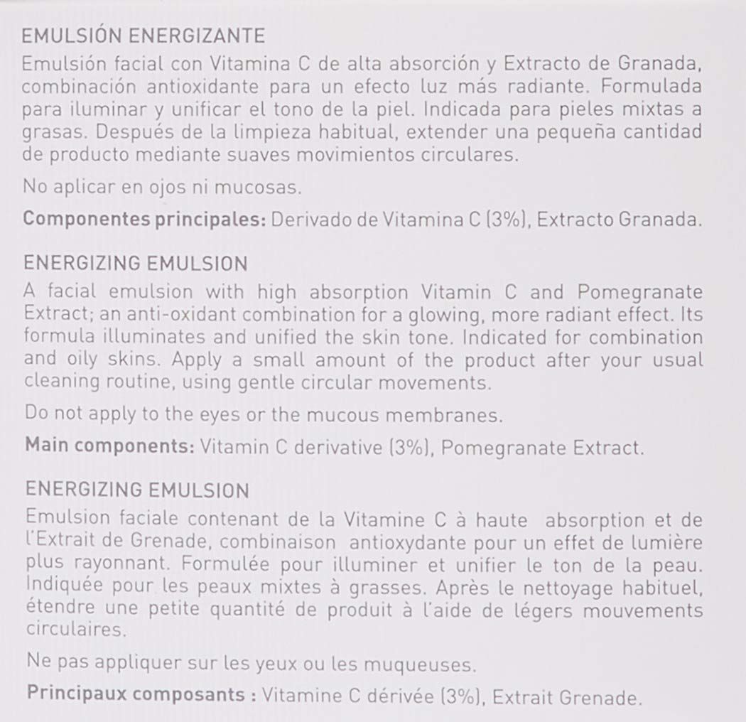 Pagina di testo con informazioni sul prodotto. Testo: Emulsione energizzante, Ingredienti: Vitamina C, Estratto di melograno.