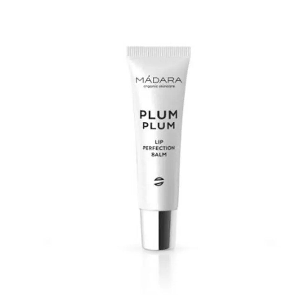 Tubo di balsamo labbra bianco con tappo argentato. Scritta: MÁDARA, PLUM PLUM, LIP PERFECTION BALM.