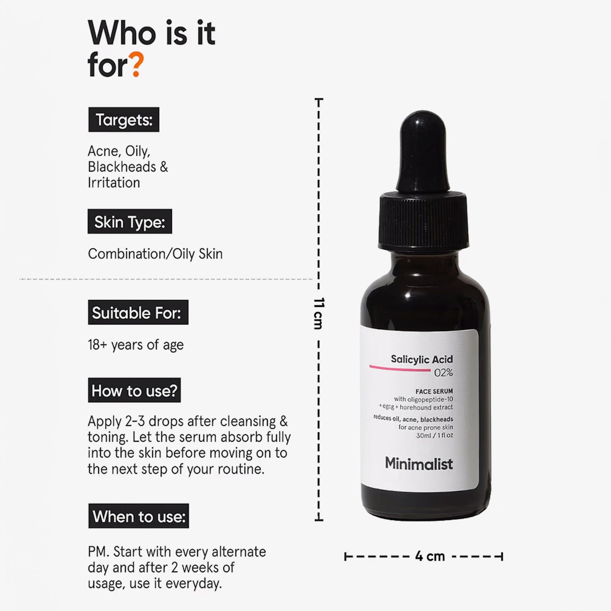 Flacone del prodotto con testo: Salicylic Acid 02%. Infografica con testi: Per chi?, Tipo di pelle, Adatto a, Come usare, Quando usare.