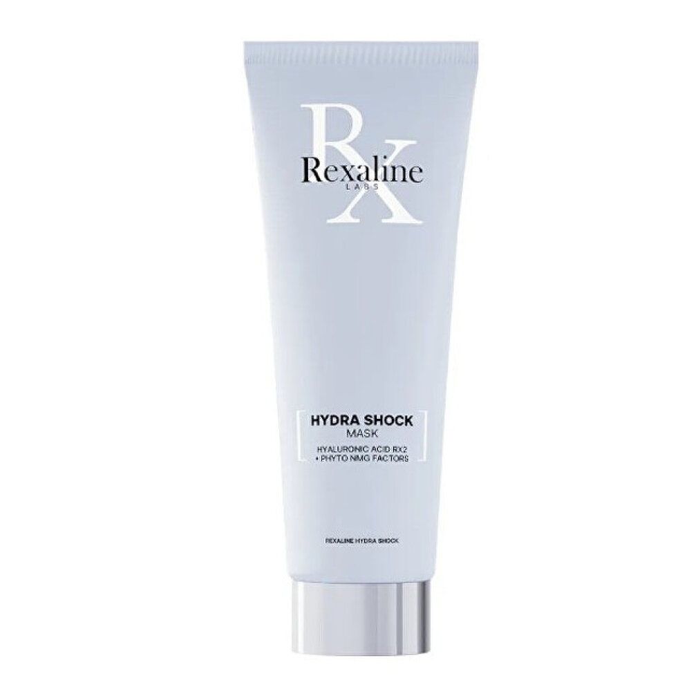 Tubo blu chiaro Rexaline Hydra Shock Mask. Scritta bianca. Tappo argentato.