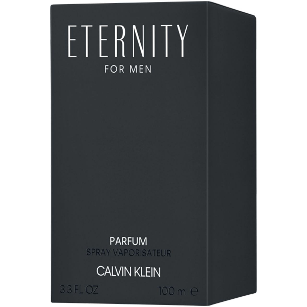 Scatola nera. Scritta: Eternity For Men, Parfum, Spray Vaporisateur, Calvin Klein. 100 ml.