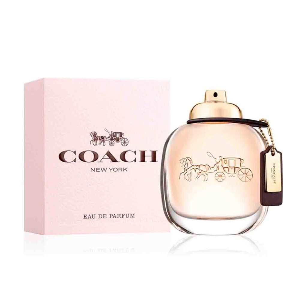 Flacone Coach New York Eau de Parfum. Rotondo, tappo dorato, ciondolo. Logo e carrozza.