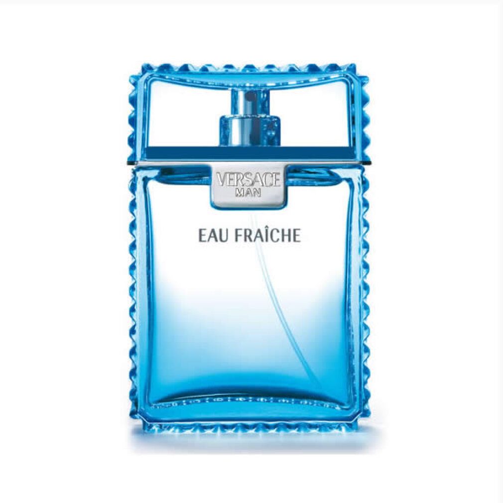 Flacone di profumo azzurro chiaro con tappo argentato. Scritta: Versace Man Eau Fraiche.