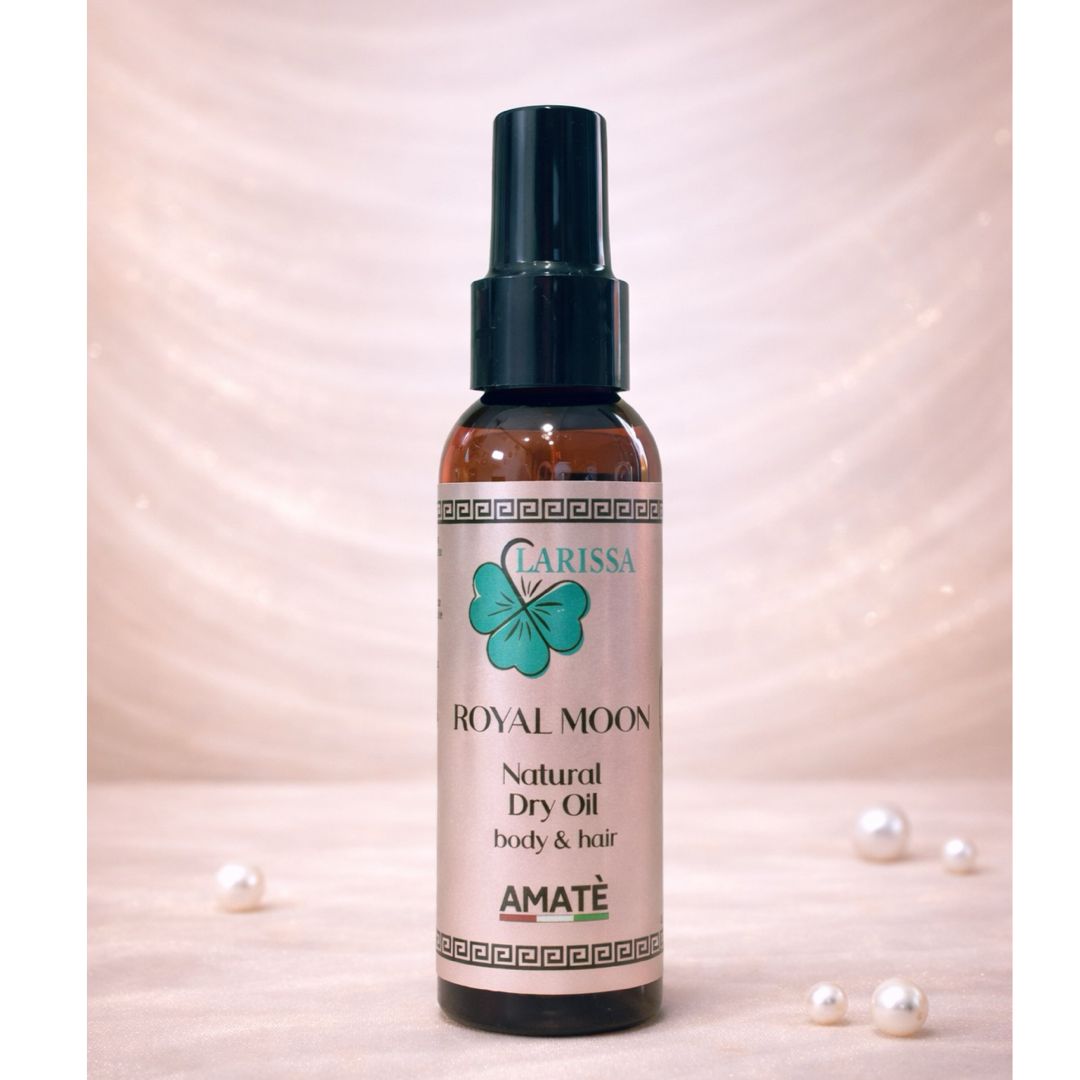 Flacone di olio secco naturale Amatè Royal Moon con spray.
