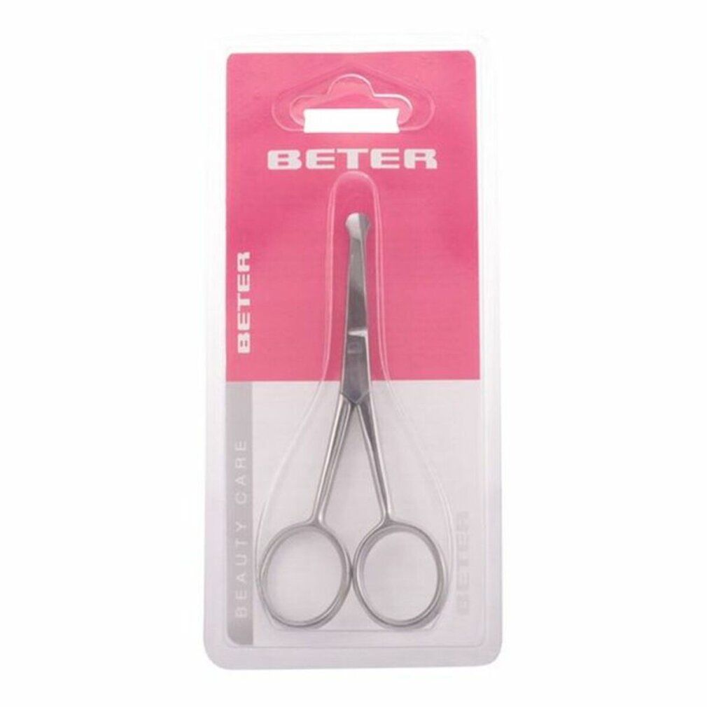 Forbici BETER a punta smussata in confezione blister. Sfondo rosa. Testo: BEAUTY CARE. Per la cura della salute.