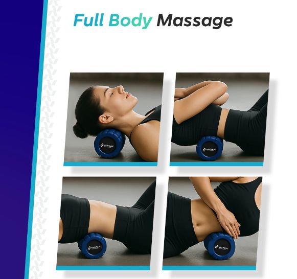 Quattro immagini mostrano donne che usano un mini rullo in schiuma blu. Testo 'Full Body Massage' in alto.