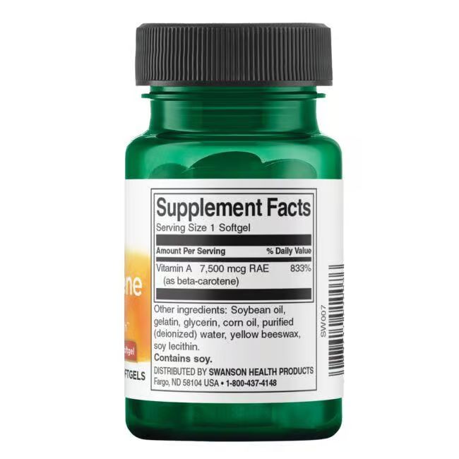 Retro di un flacone verde. Scritta: Supplement Facts. Contiene vitamina A (7.500 mcg RAE). Altri ingredienti elencati.