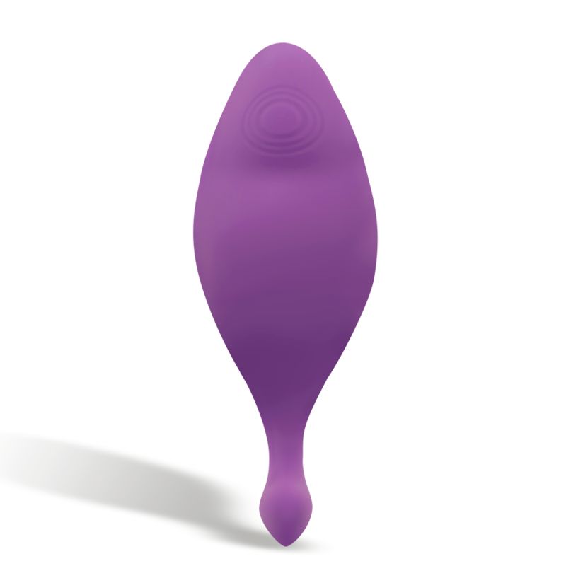 Stimolatore Air Pulse viola dalla forma curva, primo piano.