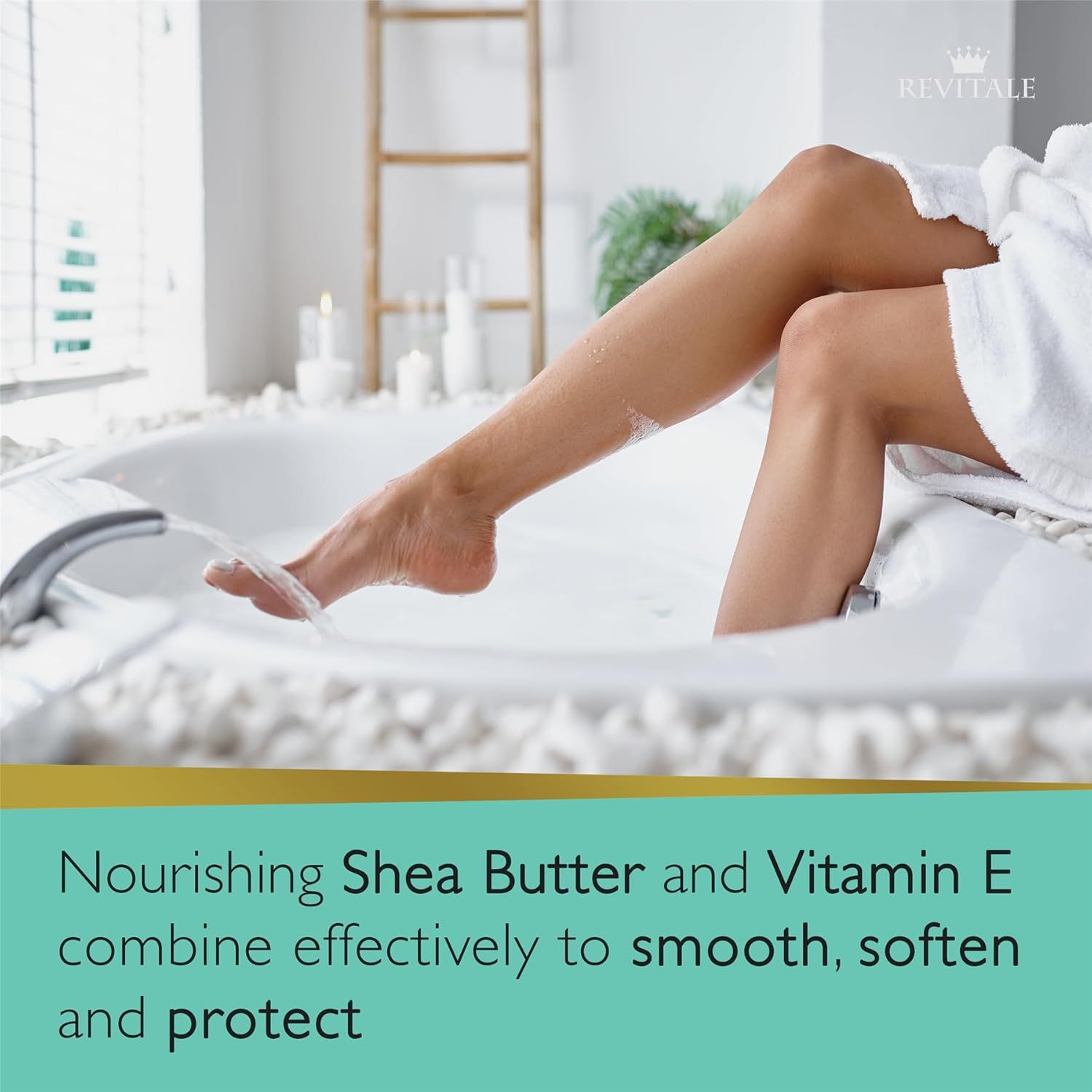 Gambe in vasca da bagno. Piedi nell'acqua. Testo: Burro di karité e vitamina E nutrienti levigano e proteggono.
