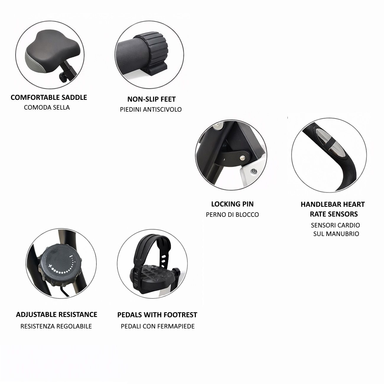 Cycellette con dettagli: sella comoda, piedini antiscivolo, perno di blocco, sensori cardio sul manubrio, resistenza regolabile, pedali con fermapiede.
