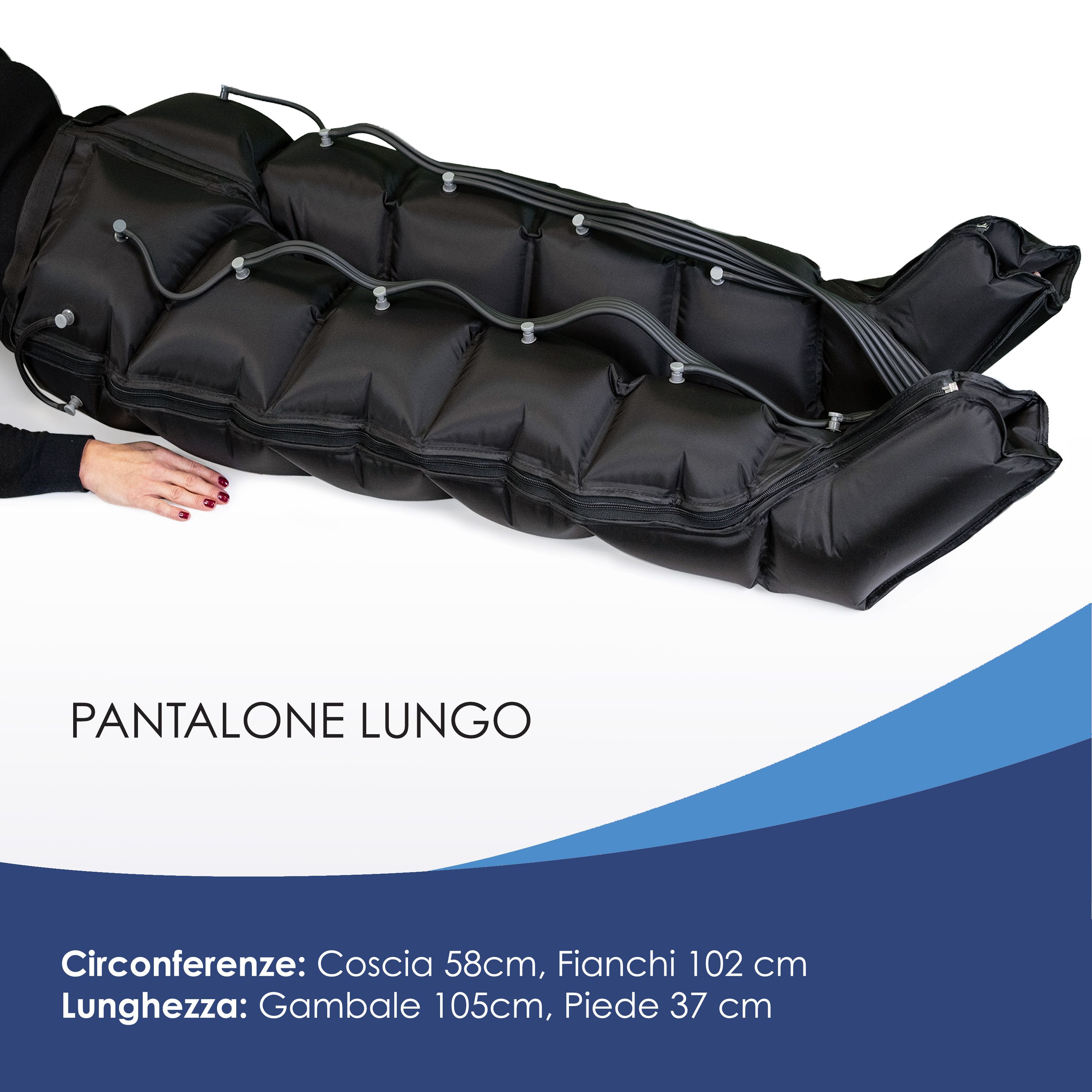 Pantaloni neri per compressione su entrambe le gambe, con camere d'aria e tubi.