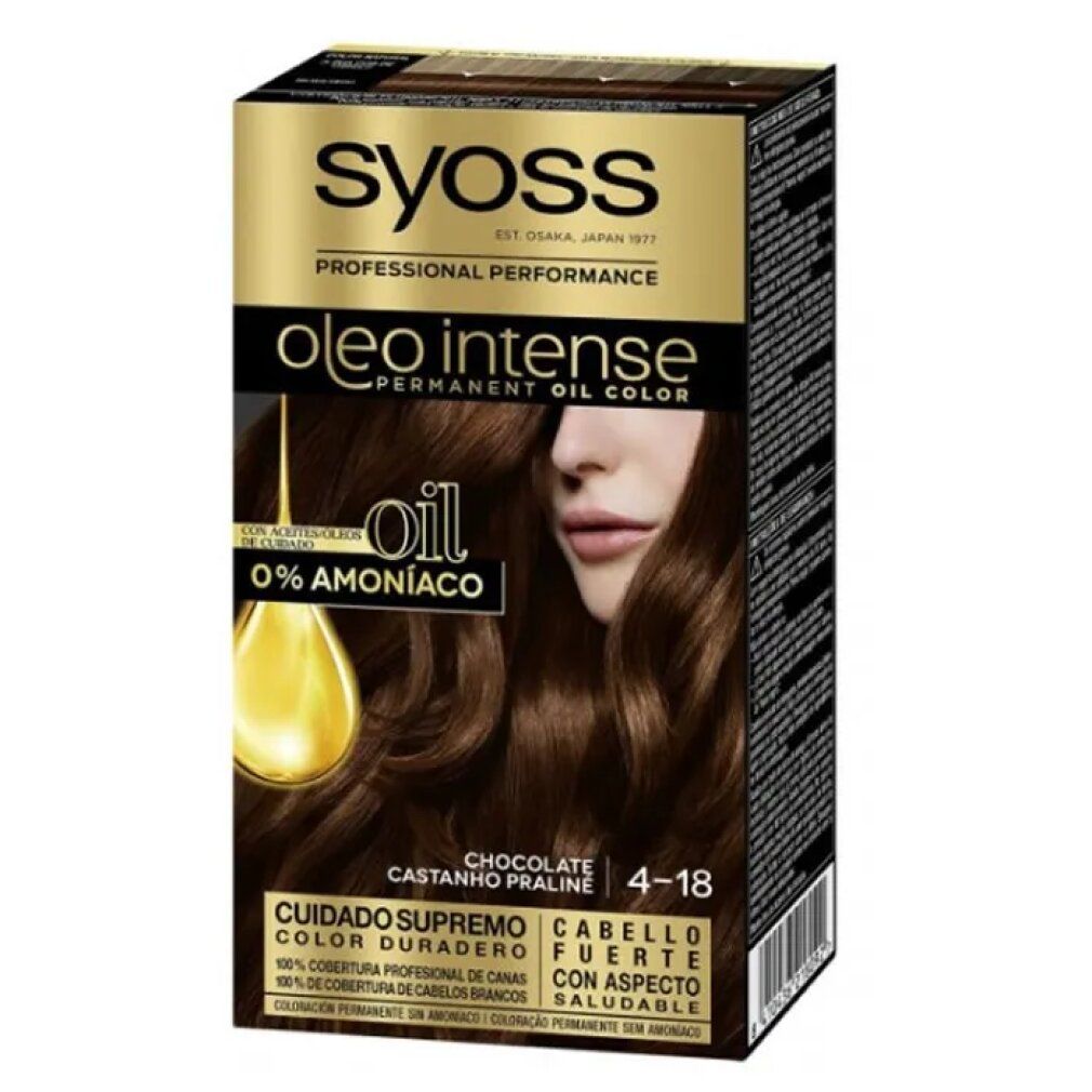 Syoss Oleo Intense, 4-18 Cioccolato, colorazione permanente per capelli. Scatola con immagine e testo. Scritto: 0% Ammoniaca.