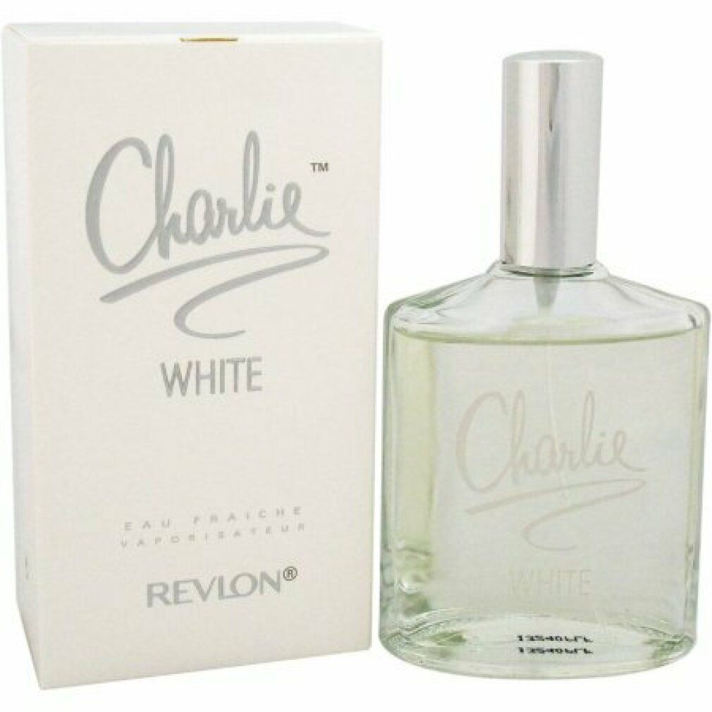 Flacone e scatola Charlie White Eau Fraiche. Scritta: Charlie White, Revlon. Liquido trasparente. 125 ml.