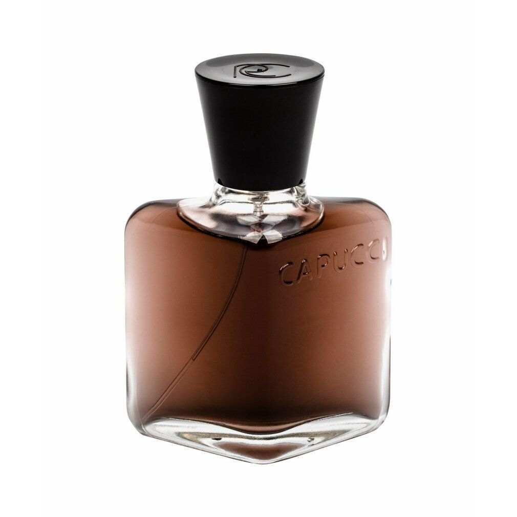 Flacone marrone con tappo nero. Scritta "Capucci". Forma quadrata.