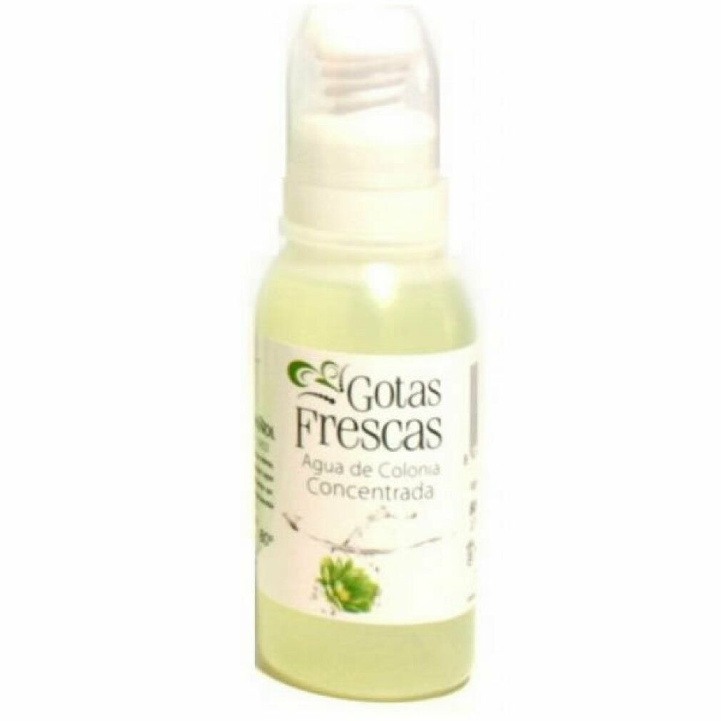 Flacone spray bianco con liquido trasparente. Scritta: Gotas Frescas, Agua de Colonia Concentrada.