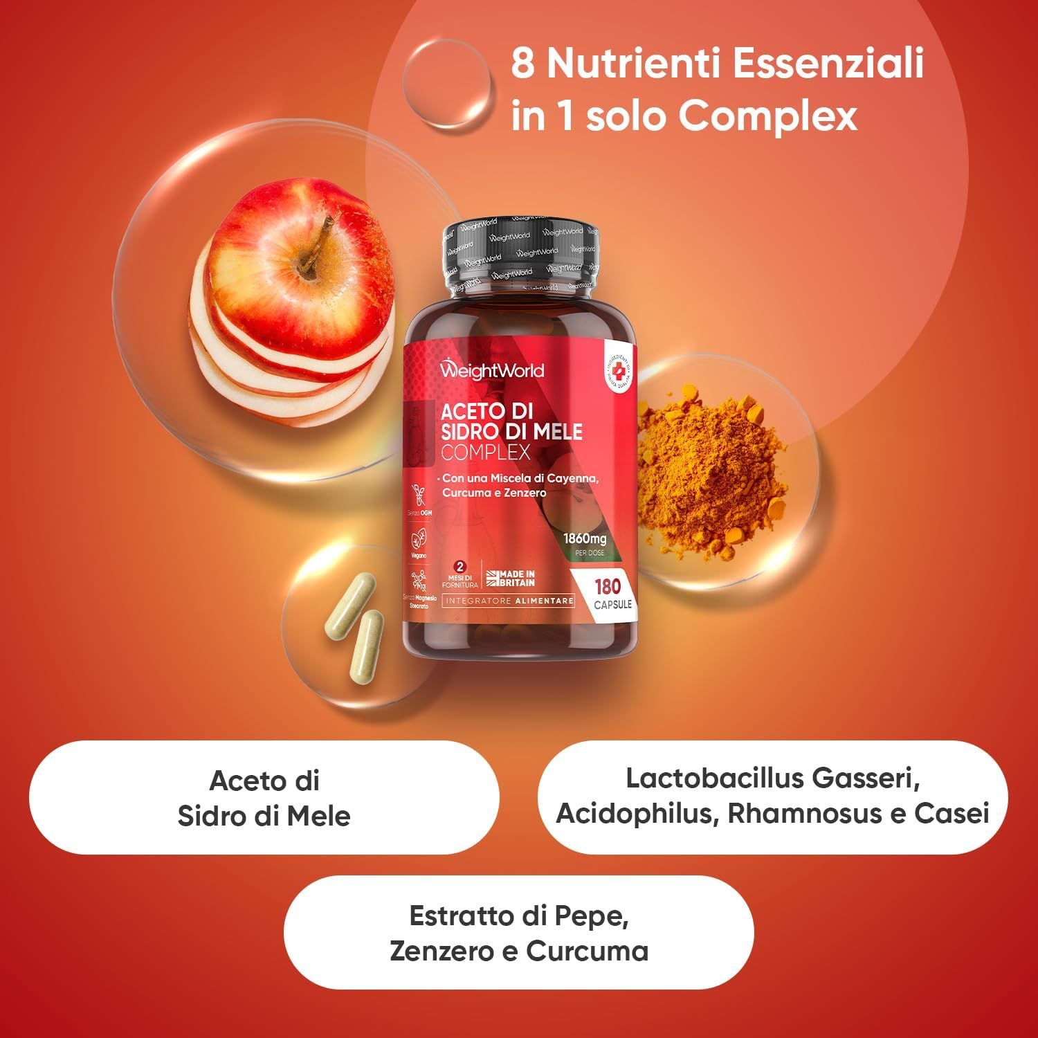 Flacone di prodotto Apfelessig Komplex. Ingredienti: aceto di mele, curcuma, zenzero, Lactobacillus. 180 capsule.