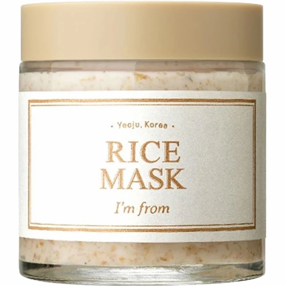 Vasetto di vetro con tappo beige. L'etichetta riporta "RICE MASK" e "I'M FROM".