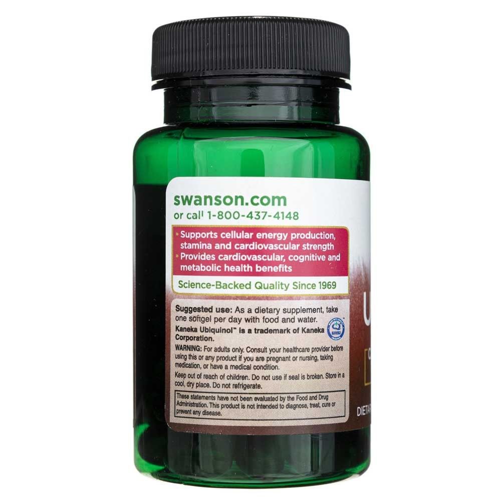 Retro di una bottiglia Swanson Ubiquinol 100 mg con istruzioni per l'uso e avvertenze.