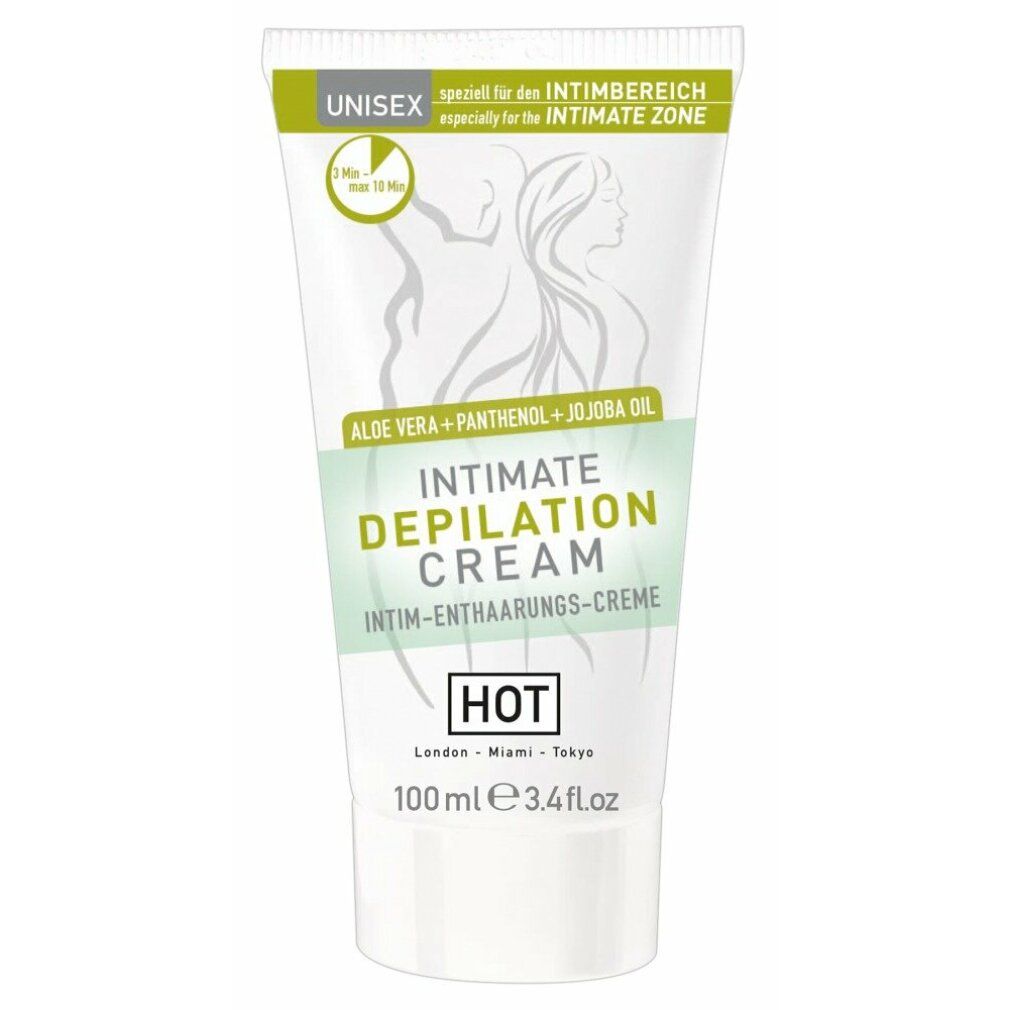 Tubo di crema con scritta: INTIMATE DEPILATION CREAM. Contiene aloe vera, pantenolo, olio di jojoba. Marca: HOT. Unisex. Per zona intima.