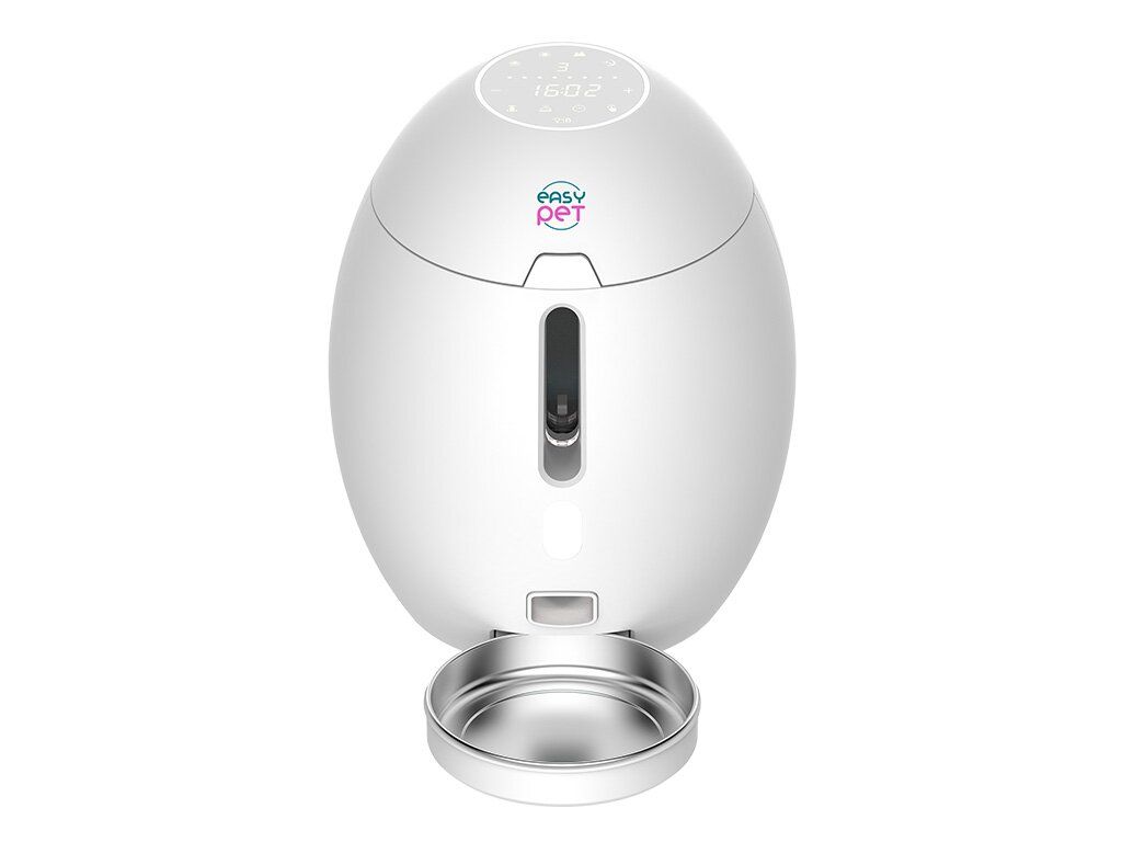 Distributore automatico di cibo bianco con display digitale e ciotola in acciaio inox. Logo "easy pet".