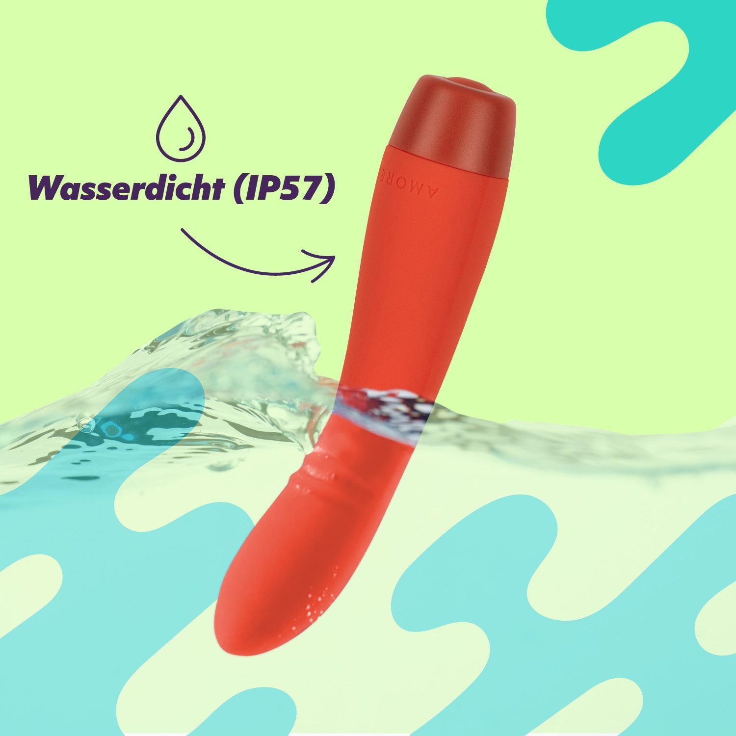 Vibratore rosso nell'acqua. Testo: Impermeabile (IP57).