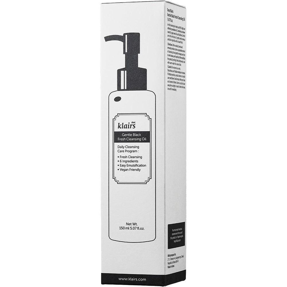 Confezione di Gentle Black Fresh Cleansing Oil. Scatola bianca con immagine e testo del prodotto. Erogatore nero.