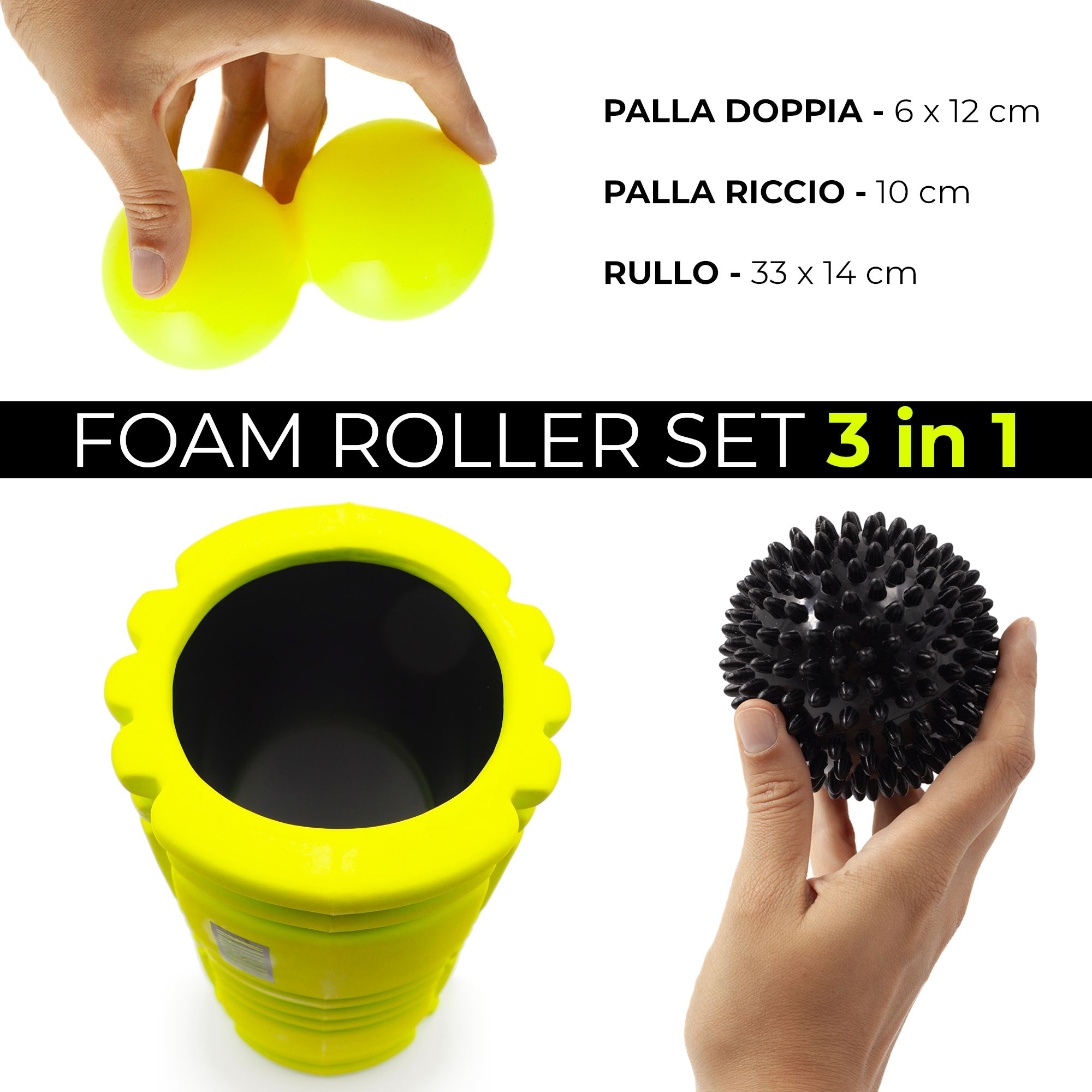 Rullo fasciale giallo, pallina doppia, pallina con aculei e smartphone con guida esercizi.