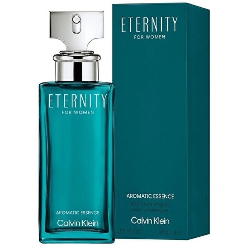 Flacone e scatola turchese. Scritta: Eternity for Women, Aromatic Essence, Calvin Klein. 100 ml.