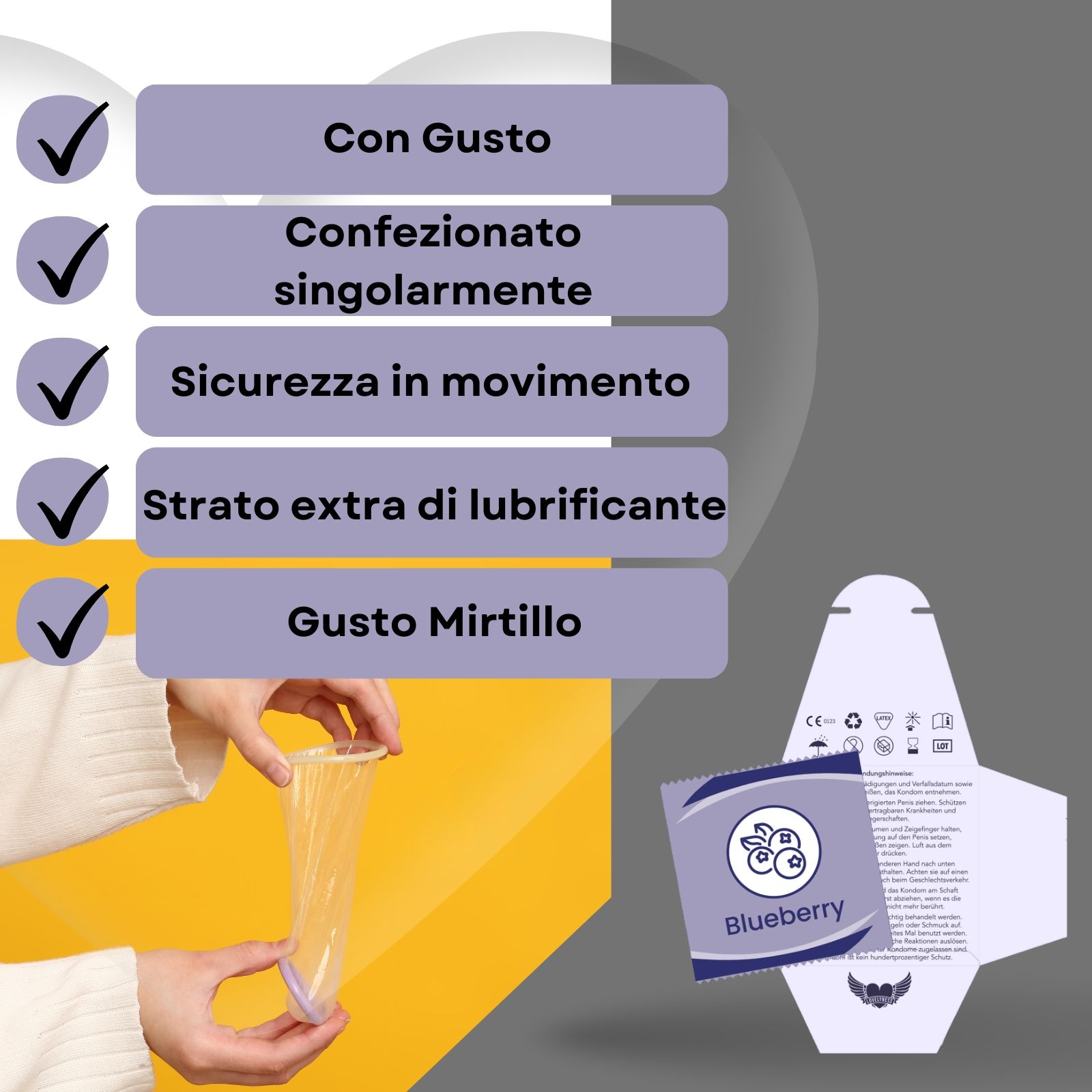 Preservativi gusto mirtillo, lunghezza 190 mm, larghezza nominale 52 mm.