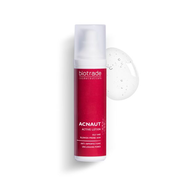 Flacone Acnaut Active Lotion con goccia. Testo: Biotrade, Acnaut. Per pelli grasse, a tendenza acneica.