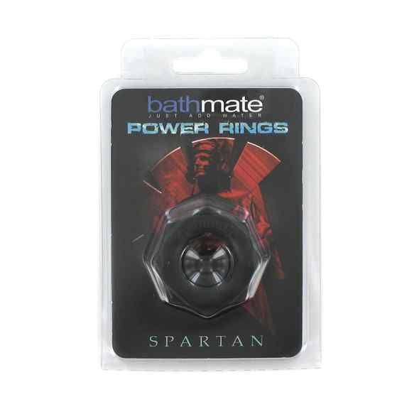 Confezione prodotto con anello nero. Testo: Bathmate Power Rings Spartan. Blister trasparente.