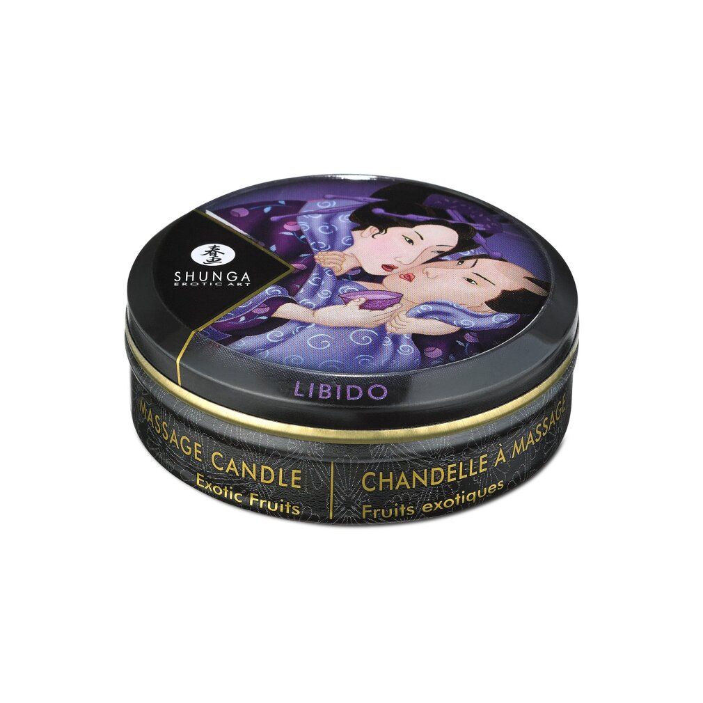 Candela da massaggio Shunga Libido/Exotic Fruits, scatola nera chiusa con arte erotica sul coperchio.