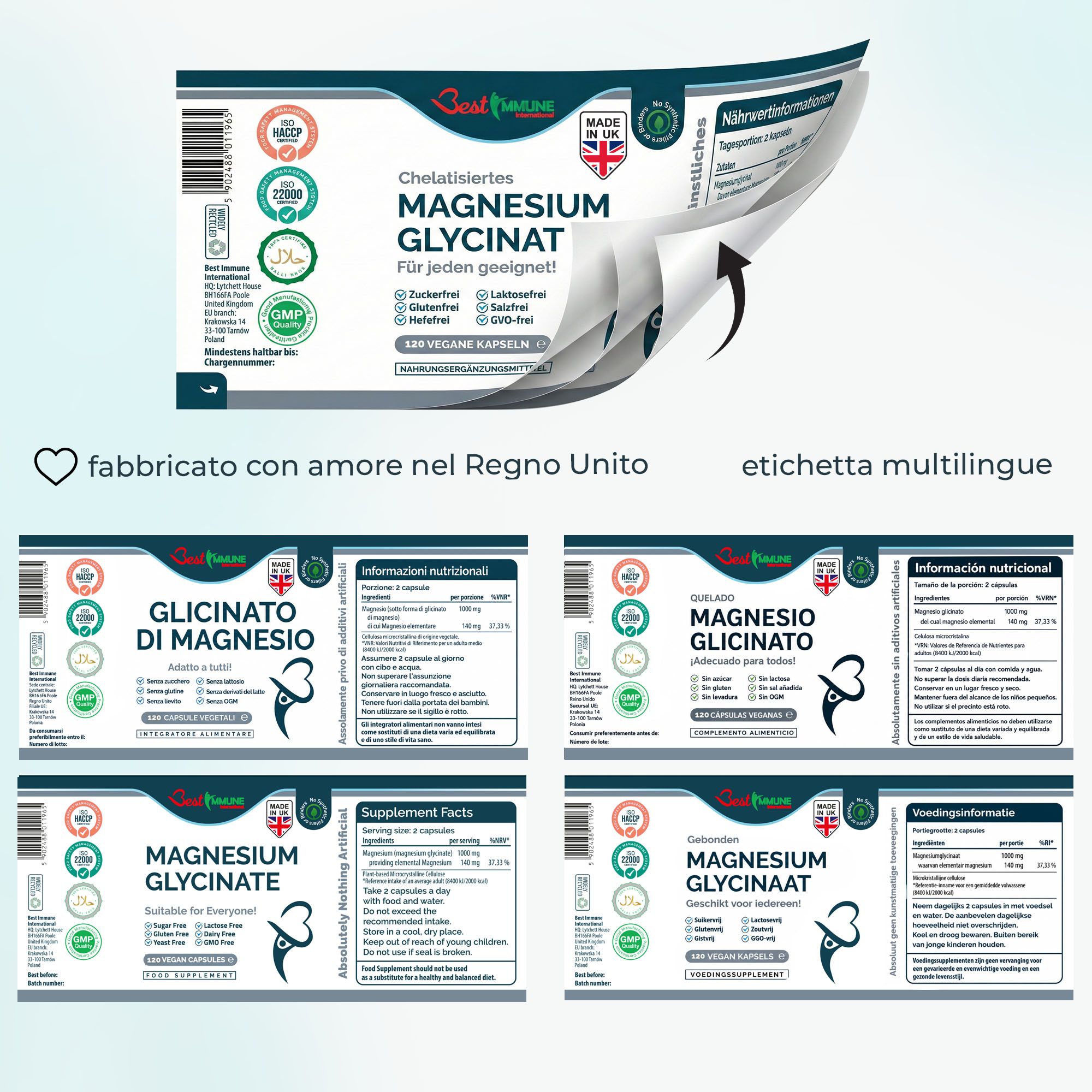 Etichette multilingue per magnesio glicinato. Prodotto nel Regno Unito. Diverse lingue visibili.