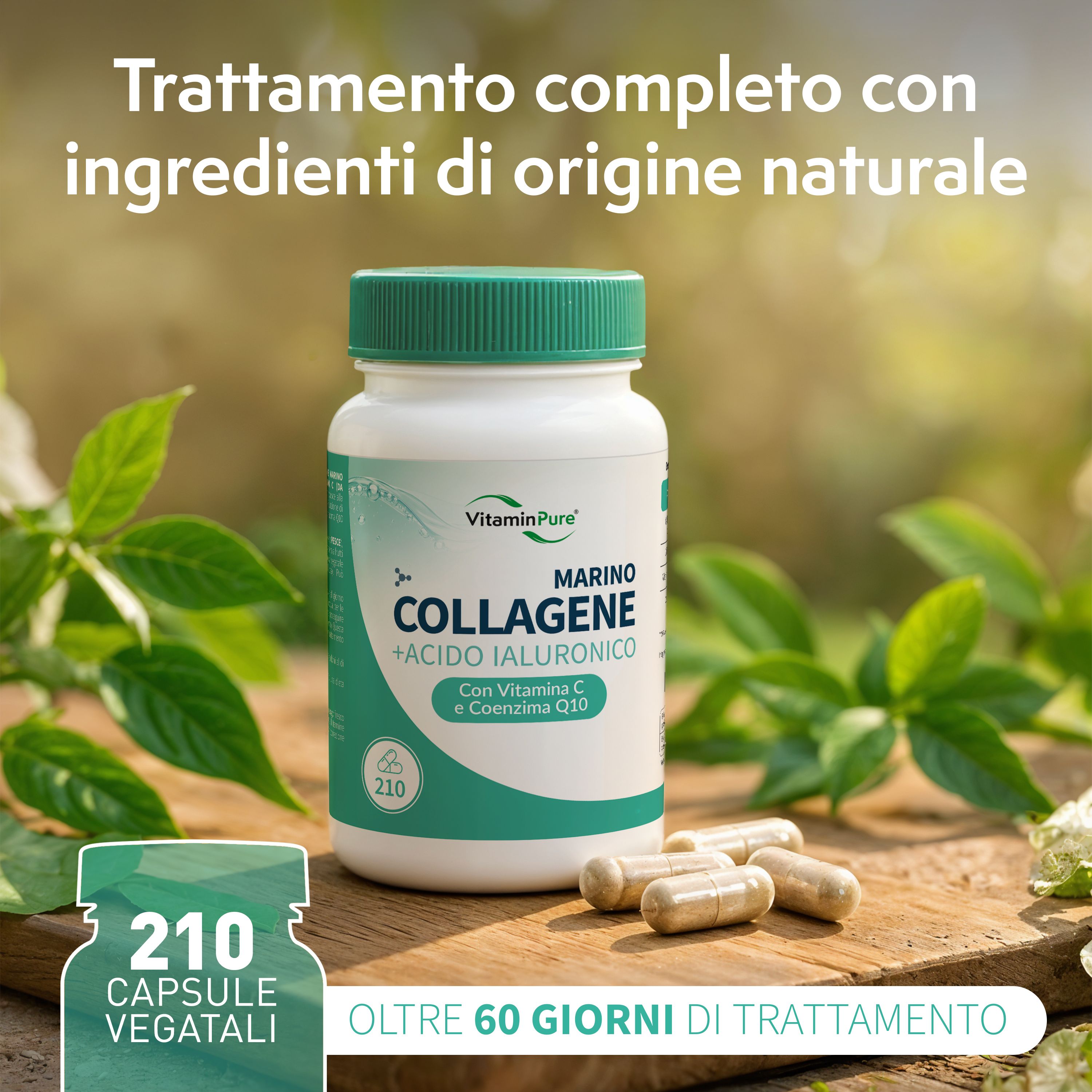 Flacone con capsule e capsule accanto. Scritta: COLLAGENE + ACIDO IALURONICO, 210 capsule. Testo: Oltre 60 giorni di trattamento.