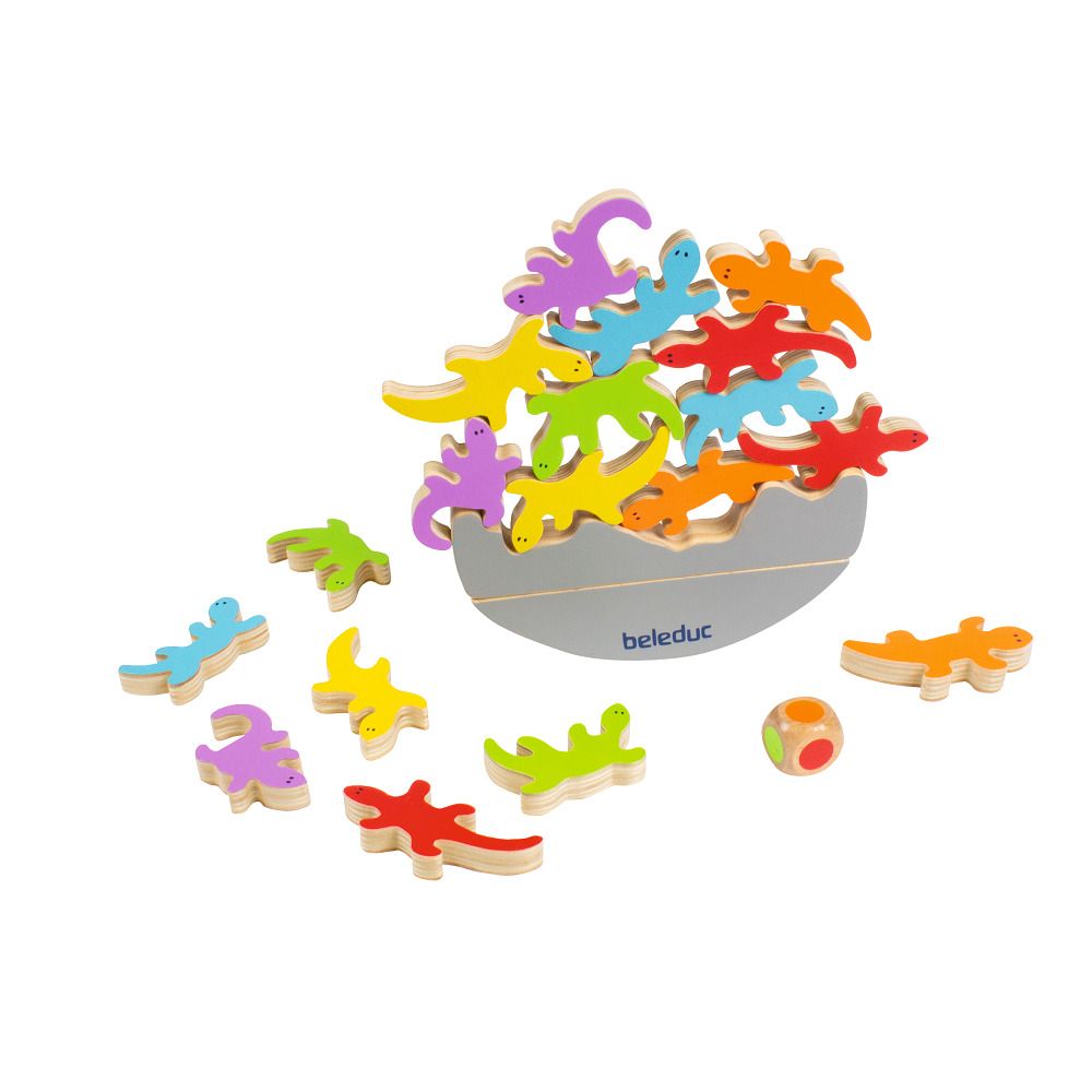 Diverse lucertole di legno colorate su un'altalena grigia con la scritta "beleduc".