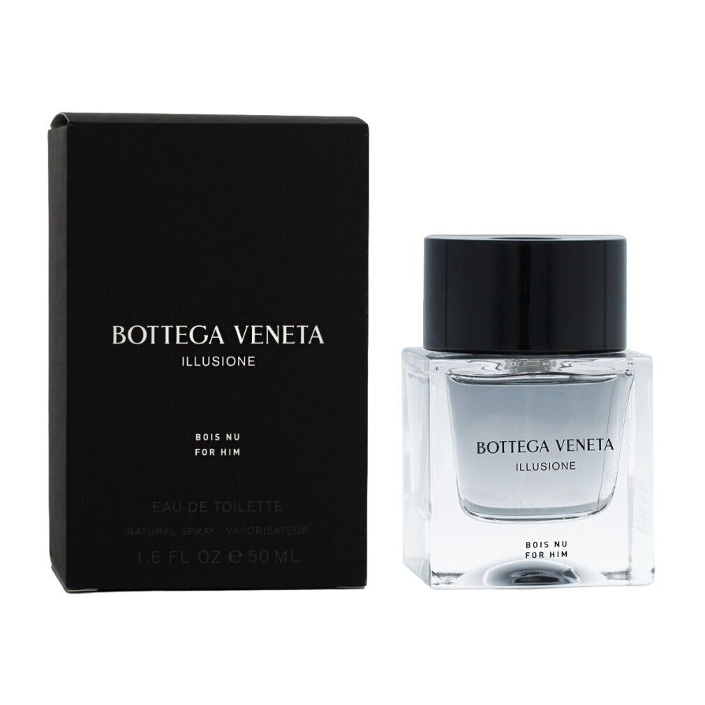 Flacone in vetro con tappo nero e confezione nera. "BOTTEGA VENETA ILLUSIONE BOIS NU FOR HIM Eau de Toilette".