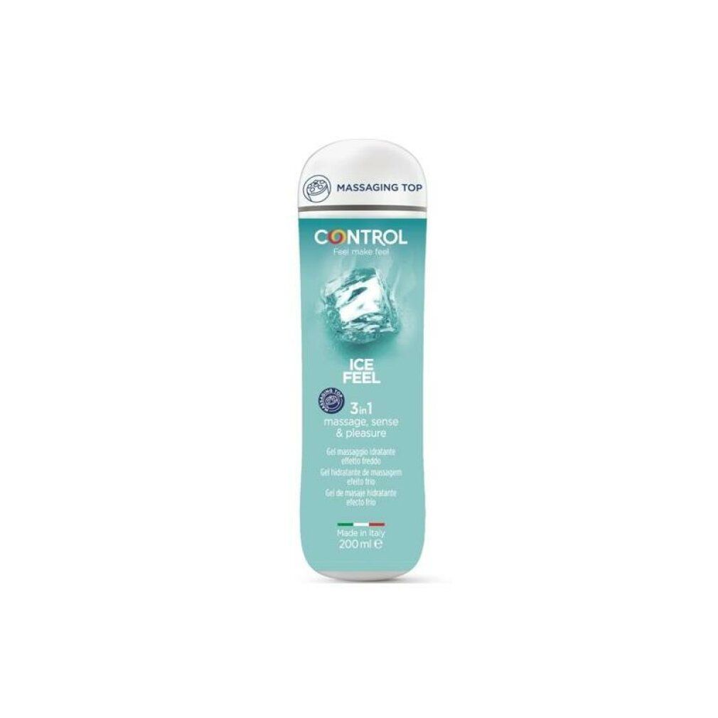 Flacone turchese con tappo bianco. Scritta: CONTROL, ICE FEEL, 3in1. Gel per massaggio, senso e piacere. Prodotto in Italia.