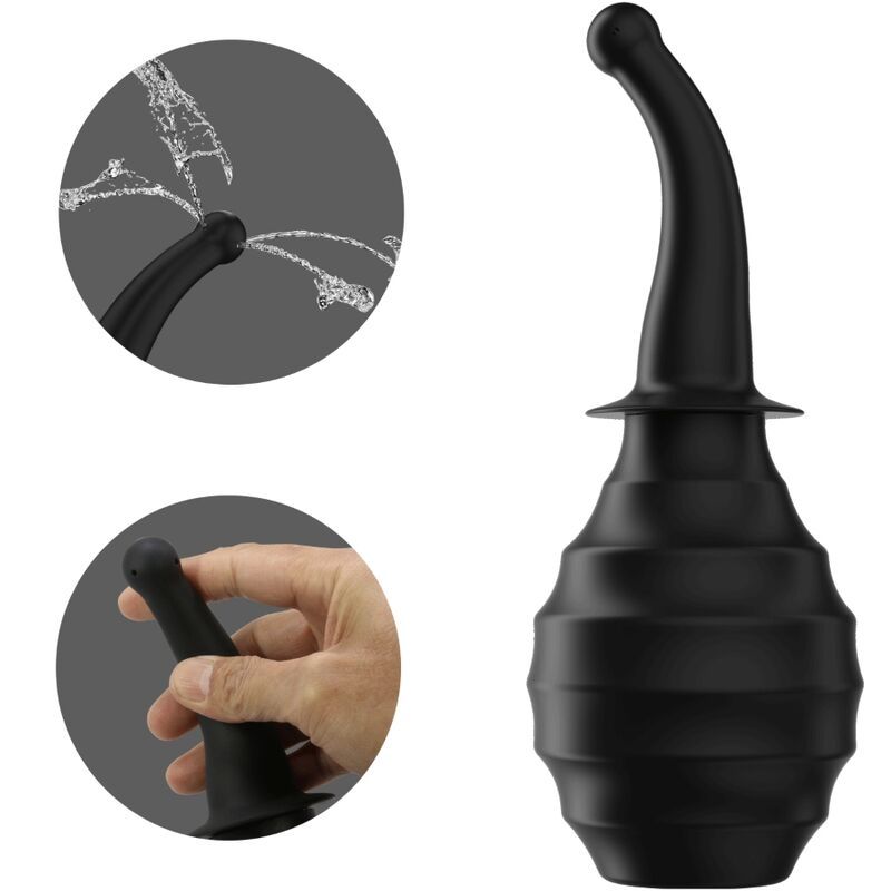 Prodotto nero con punta curva e base scanalata. Primi piani dei dettagli.