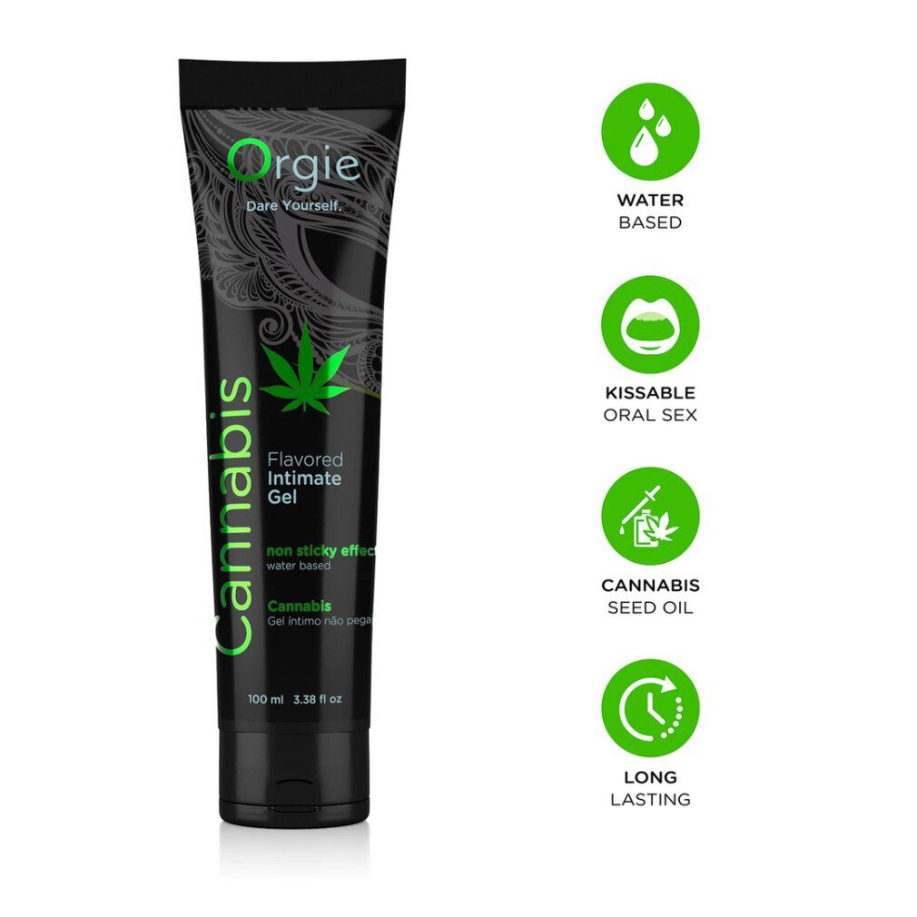 Orgie Cannabis Gel Intimo Aromatizzato, tubo da 100ml. A base d'acqua, baciabile, con olio di semi di canapa.
