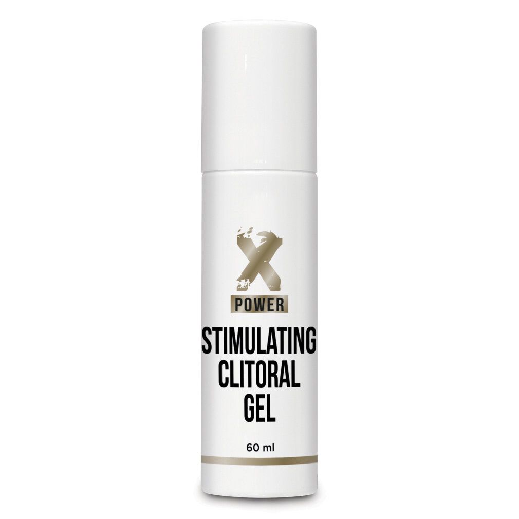Flacone bianco con scritta nera: Xpower, Stimulating Clitoral Gel. 60 ml. Logo con X incrociate.