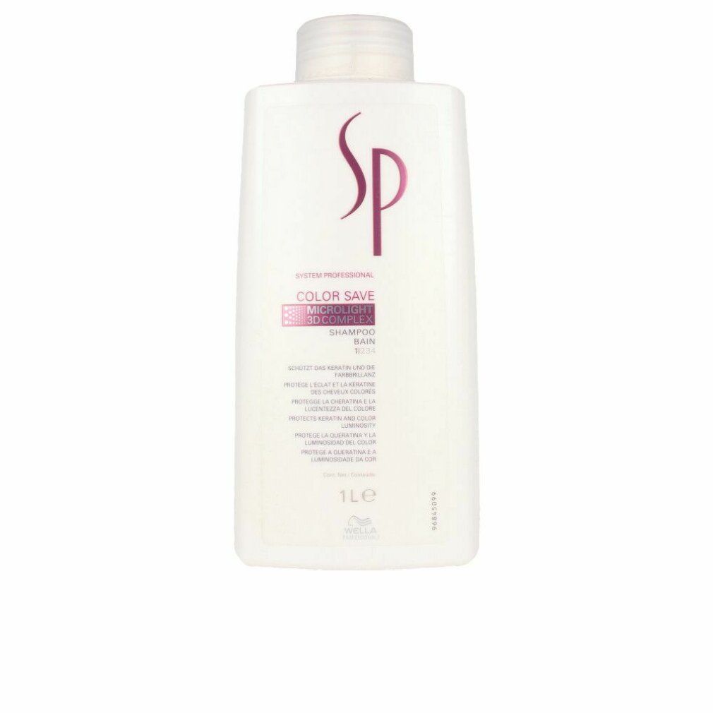 Flacone di shampoo bianco con logo SP viola e nome del prodotto. Contiene testo in più lingue. Flacone da 1L.