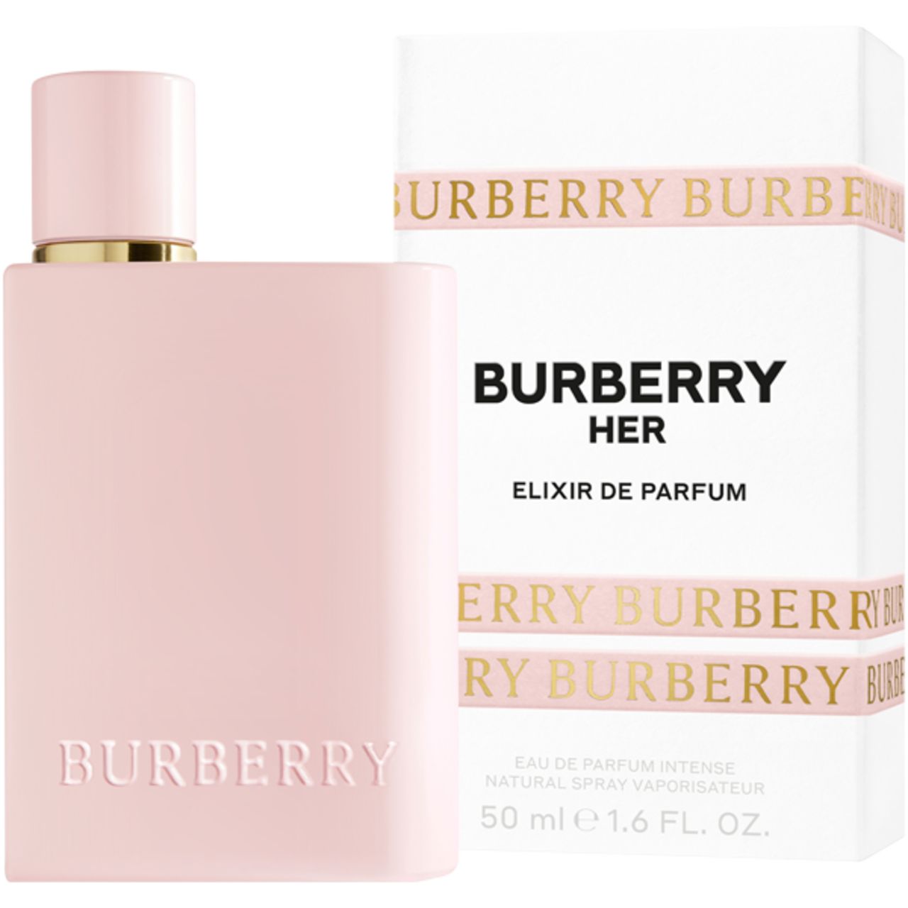 Flacone rosa Burberry Her Elixir e confezione. Flacone con tappo dorato. Confezione con scritta Burberry.